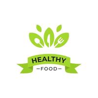 gezond voedsel logo vector ontwerp met blad illustratie met bestek en mes silhouet silhouetten