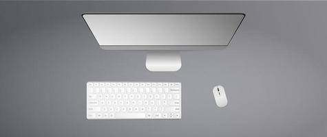 platliggend, bovenaanzicht bureau. toetsenbord, computermuis, monitor. realistische vectorillustratie. vector