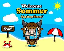 zomer strand en zand achtergrondontwerp met tekst geniet van elk moment en zomer elementbord dat strand, krab en paraplu zegt, met bizon dier mascotte kostuum met een senorkel