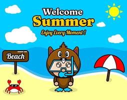 zomer strand en zand achtergrondontwerp met tekst geniet van elk moment en zomerelementbord met strand, krab en paraplu, in beverdier mascottekostuum dat senorkel draagt