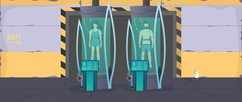 futuristisch laboratorium met cryogene capsules of containers. cryontechnologie voor mensen of de cryogene kamer van een astronaut. sci-fi astronaut slaapmodus. cartoon-stijl. vector. vector