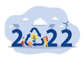 2022 nieuwjaar en recycling, vermindering van vervuiling en afval, het redden van de platte vectorillustratie van het aardeconcept. vector