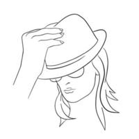 abstracte vrouw gezicht met hoed. doorlopende lijntekening. vector lijntekeningen.