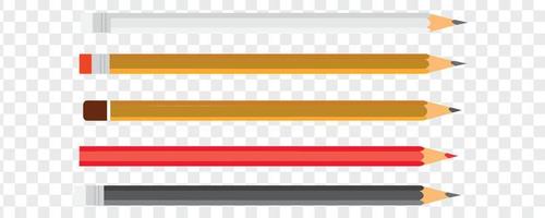 set gele potloden, rood en zwart, geslepen met een rubberen band en zonder vector