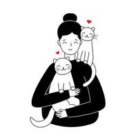 jong modern meisje knuffelt kat. vectorillustraties in trendy vlakke zwart-wit stijl vector