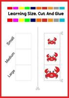 leren grootte voor kinderen. sorteer foto op grootte. schattige krab. vector