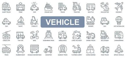 voertuig concept eenvoudige lijn iconen set. pak overzichtspictogrammen van vrachtwagen, tram, auto, cruise, schip, tractor, helikopter, vliegtuig, vorkheftruck en andere. vectorsymbolen voor website- en mobiele app-ontwerp vector