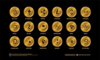 cryptocurrency-muntenset, blockchain-technologie, munt- en nft-tokensymbolen, geïsoleerde logo bitcoin, ethereum, litecoin, dogecoin, bnbcoin, streepje, monero, cardano, stella, rimpeling, bytecoin, zcash vector