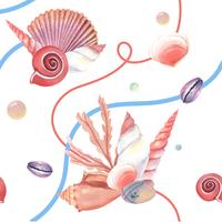 Sea shell marine leven patroon naadloos, reizen vakantie zomer op het strand, aquarelle textiel geïsoleerd, vector illustratie Kleur koraal.