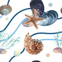 Sea shell marine leven patroon naadloos, reizen vakantie zomer op het strand, aquarelle textiel geïsoleerd, vector illustratie Kleur koraal.