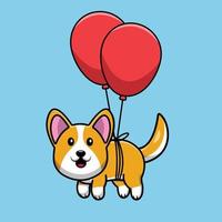 schattige corgi-hond drijvend met ballonillustratie vector
