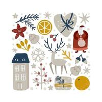 kerst vector hand getekende vierkante vorm xmas doodle Scandinavische elementen huis, herten, sneeuwvlok, sinaasappel en andere. compositie voor wenskaart voor de wintervakantie