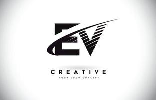 ev ev letter logo-ontwerp met swoosh en zwarte lijnen. vector