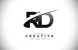 rd rd letter logo-ontwerp met swoosh en zwarte lijnen. vector