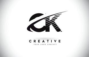 ck ck letter logo-ontwerp met swoosh en zwarte lijnen. vector