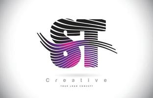 st st zebra textuur brief logo ontwerp met creatieve lijnen en swosh in paarse magenta kleur. vector