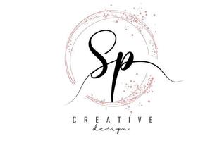 handgeschreven sp sp letter logo met sprankelende cirkels met roze glitter. vector