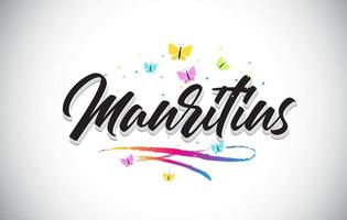 Mauritius handgeschreven vector word-tekst met vlinders en kleurrijke swoosh.