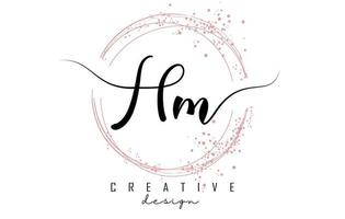 handgeschreven hm hm letter logo met sprankelende cirkels met roze glitter. vector