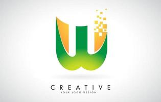 letter w logo-ontwerp in felle kleuren met verbrijzelde kleine blokken op witte achtergrond. vector
