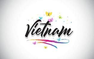 Vietnam handgeschreven vector word-tekst met vlinders en kleurrijke swoosh.