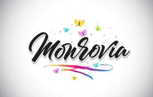 Monrovia handgeschreven vector word-tekst met vlinders en kleurrijke swoosh.