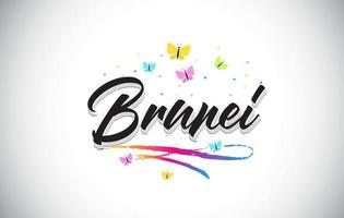 Brunei handgeschreven vector word-tekst met vlinders en kleurrijke swoosh.