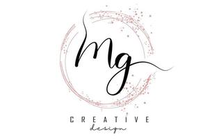 handgeschreven mg mg letterlogo met sprankelende cirkels met roze glitter. vector