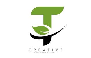 letter t met blad en creatief swoosh-logo-ontwerp. vector