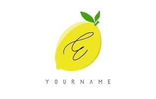 handgeschreven e letter logo-ontwerp met citroen achtergrond. vector