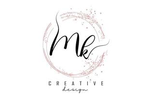 handgeschreven mk mk letterlogo met sprankelende cirkels met roze glitter. vector