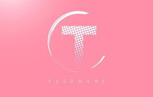 witte t letter logo-ontwerp met witte stippen en wit cirkelframe op roze achtergrond. vector