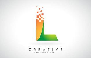 letter l logo-ontwerp in felle kleuren met verbrijzelde kleine blokken op een witte achtergrond. vector