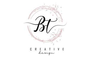 handgeschreven bt bt-letterlogo met sprankelende cirkels met roze glitter. vector