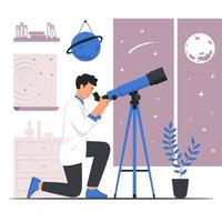 astrofysicus die door een telescoop kijkt
