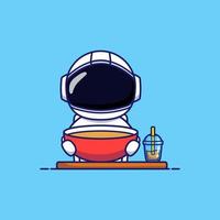 schattige astronaut met eten en drinken vector