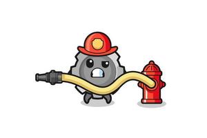 versnelling cartoon als brandweerman mascotte met waterslang vector