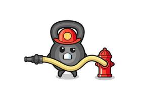 kettlebell cartoon als brandweerman mascotte met waterslang vector