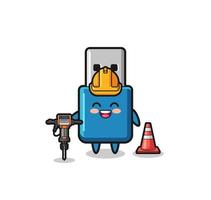 wegwerker mascotte van USB stick met boormachine vector