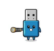 flash drive usb-mascotte met zaklamp vector