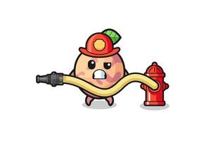 pluot fruit cartoon als brandweerman mascotte met waterslang vector