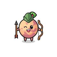 pluot fruit cartoon als middeleeuwse boogschutter mascotte vector