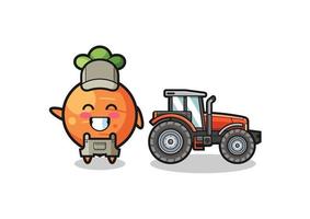 de mascotte van de wortelboer die naast een tractor staat vector