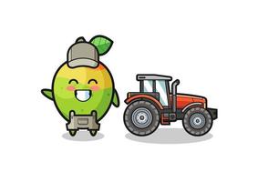 de mascotte van de mangoboer die naast een tractor staat vector