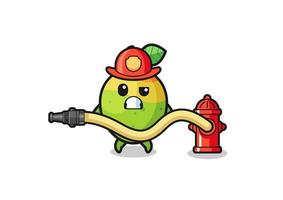 mango cartoon als brandweerman mascotte met waterslang vector