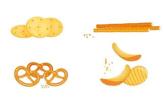 een set van zoute snacks, krakeling, chips, broodstengels, cracker. vector