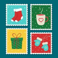 kerst postzegel set. vector cartoon afbeelding in poststempel sjabloon. winter thema collectie. kerstsokken, wanten, geschenkdoos, warme chocolademelk