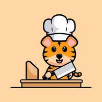 schattige tijger chef-kok met mes cartoon mascotte vector