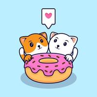 schattig kat paar eten donuts cartoon vector pictogram illustratie. platte cartoonstijl