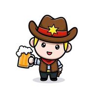 schattige kleine cowboy met bier mascotte illustratie vector